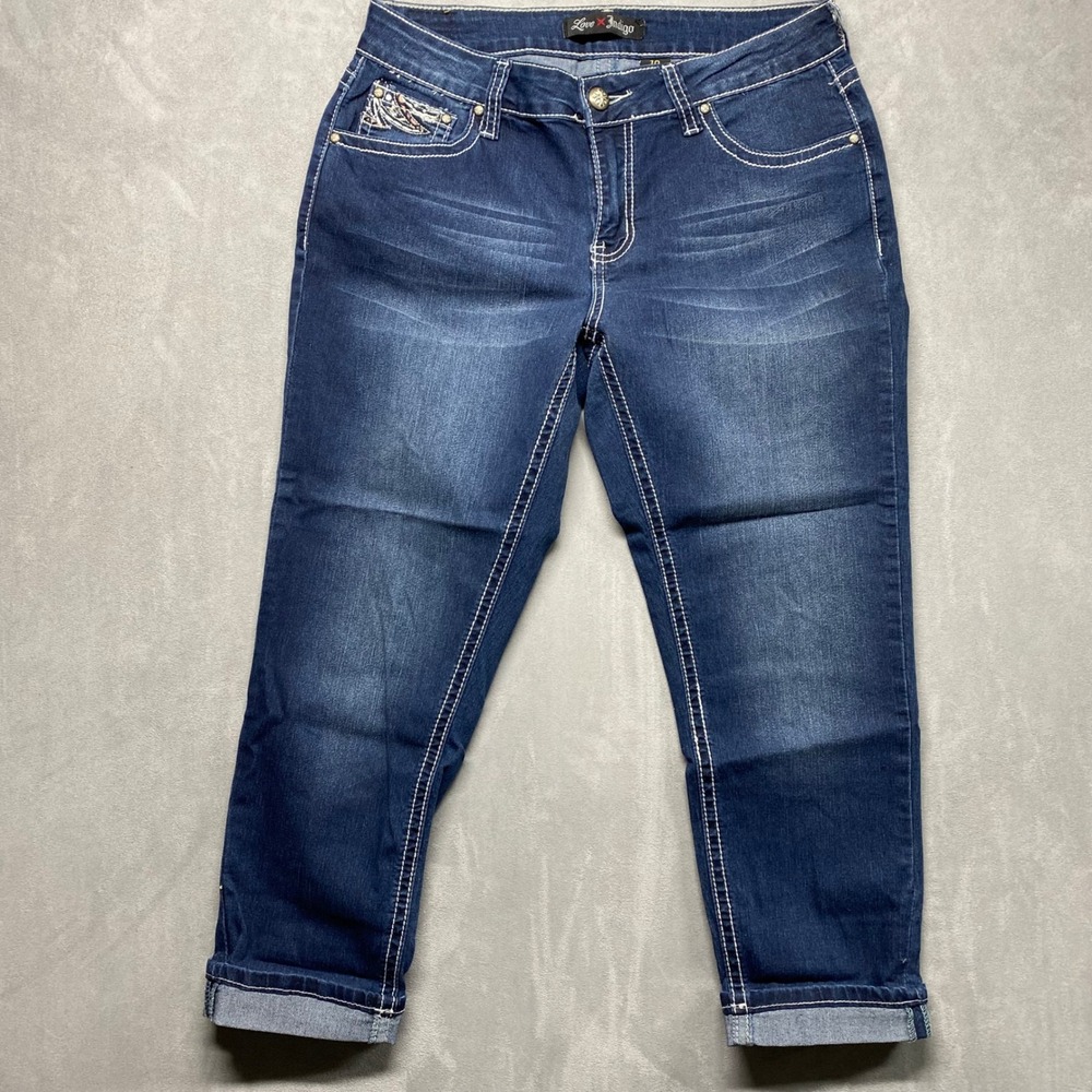 Love x Indigo Women's‎ Blue Embellished Pocket Denim Capris Size 10 - Picture 14 of 15